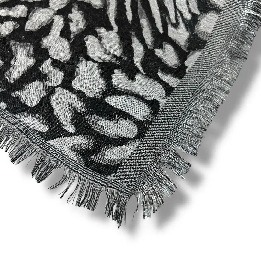 INC Black & White Animal Print Rectangle Scarf with Metallic Silver Thread NWT